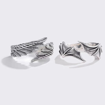 Vintage Angel & Demon Wing Adjustable Couple Ring – Retro Silver Gothic Punk Open Band Ring for Men & Women