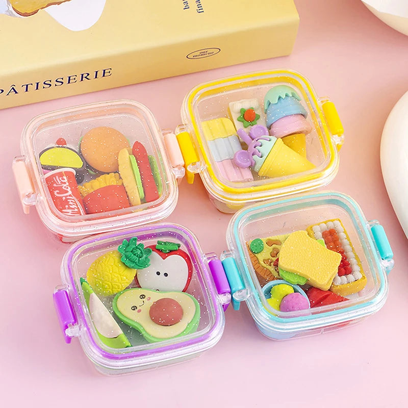 Juego de gomas de borrar creativas para lonchera – Bonitas gomas de borrar de lápiz suaves con temática de comida para estudiantes, útiles escolares, corrección de escritura y divertidos premios de regalo