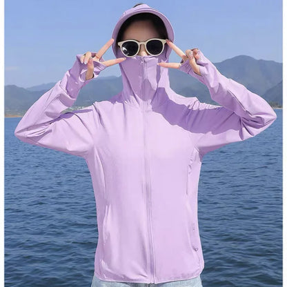 Women's Ice Silk UV Protection Jacket – Lightweight Breathable Long Sleeve Cycling Coat with Hood for Summer Outdoor Sports