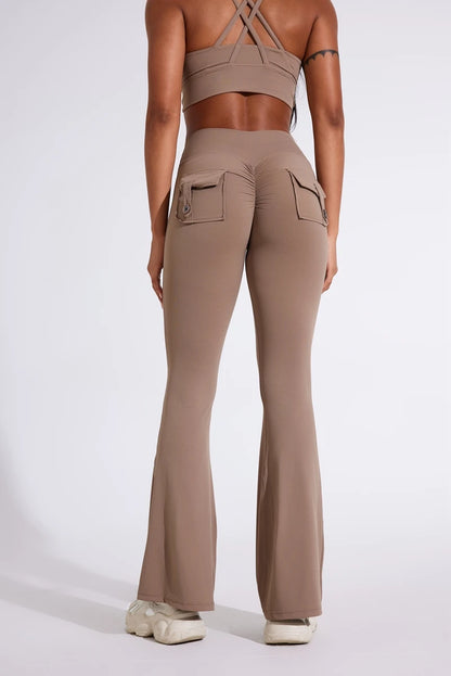 DIAS FIT JOY Pantalon de yoga évasé taille haute pour femme – Legging patte d'éléphant push-up avec poches, pantalon d'entraînement à séchage rapide pour la course, la gym, le fitness et l'exercice