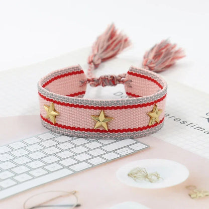 Bohemian Star Tassel Bracelet – Handmade Woven Alloy Gold Rivet Wrist Strap for Women | Ethnic Fashion Jewelry Gift