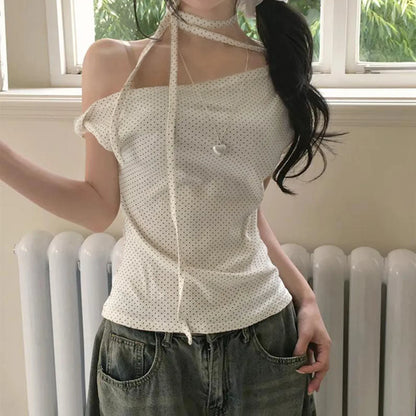 Women’s Sweet Polka Dot One Shoulder T-Shirt Korean Style Slim Fit Summer Casual Office Top