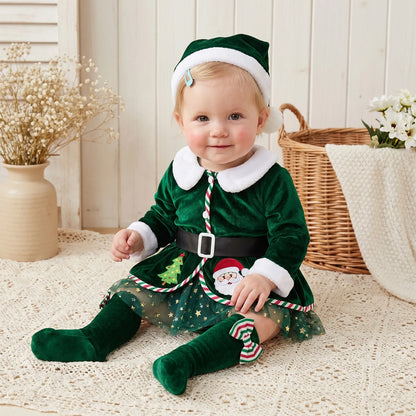 Baby Girls Christmas Santa Claus Costume Set, Princess Velvet Romper Dress with Embroidered Details, Belt, Santa Hat and Stockings, Festive Xmas Holiday Outfit for Christmas Parties and Photoshoots