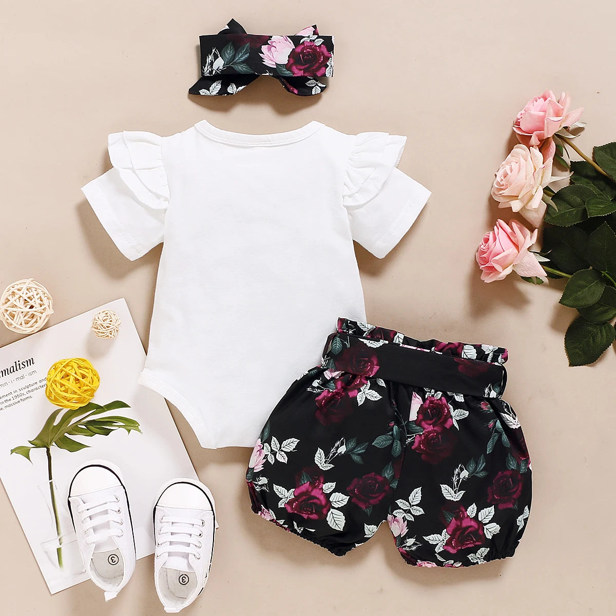 Baby Girl 3PCS Summer Outfit Set – Short Sleeve Bodysuit, Polka Dot Shorts & Headband for Infants