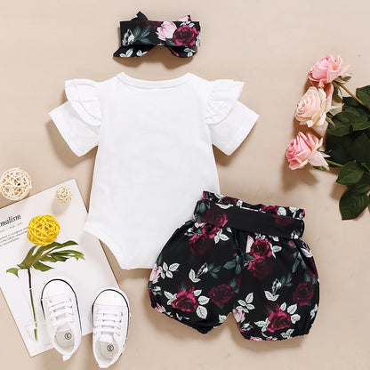 Baby Girl 3PCS Summer Outfit Set – Short Sleeve Bodysuit, Polka Dot Shorts & Headband for Infants