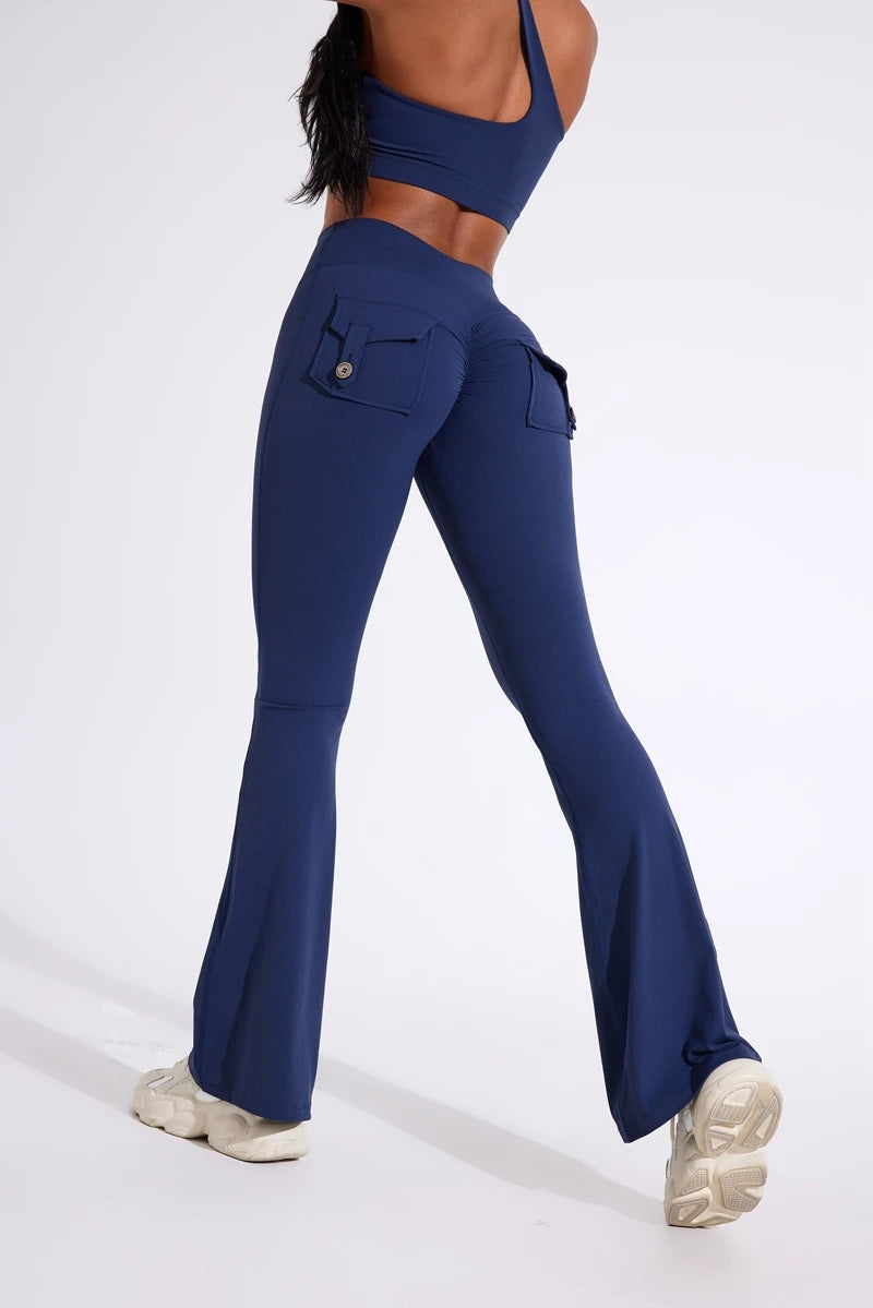 DIAS FIT JOY Pantalon de yoga évasé taille haute pour femme – Legging patte d'éléphant push-up avec poches, pantalon d'entraînement à séchage rapide pour la course, la gym, le fitness et l'exercice