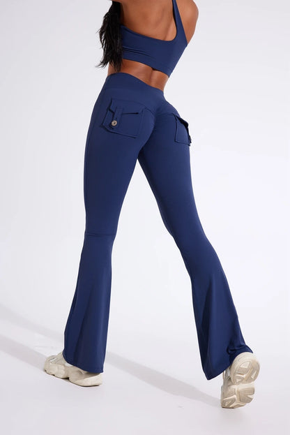 DIAS FIT JOY Pantalon de yoga évasé taille haute pour femme – Legging patte d'éléphant push-up avec poches, pantalon d'entraînement à séchage rapide pour la course, la gym, le fitness et l'exercice