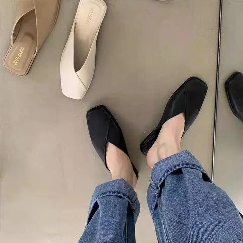 Women's Square Toe Flat Sandals Casual Slip-On Mules Outdoor Walking Slides
