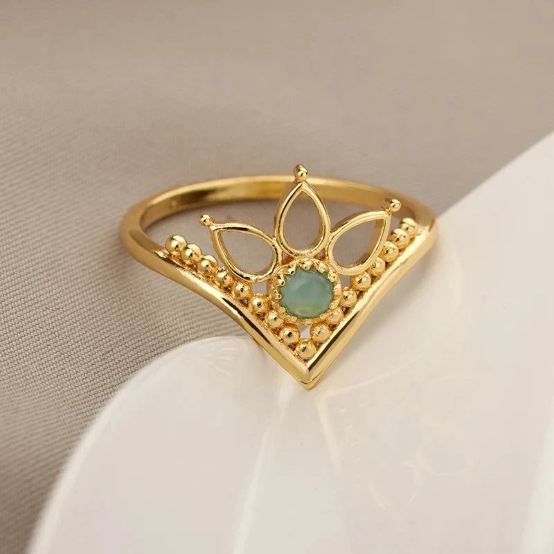 Gold Stainless Steel Lotus Flower Opal Ring – Vintage Oval Stone Statement Ring for Women | Elegant Fashion Jewelry Gift