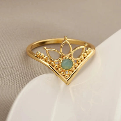 Gold Stainless Steel Lotus Flower Opal Ring – Vintage Oval Stone Statement Ring for Women | Elegant Fashion Jewelry Gift