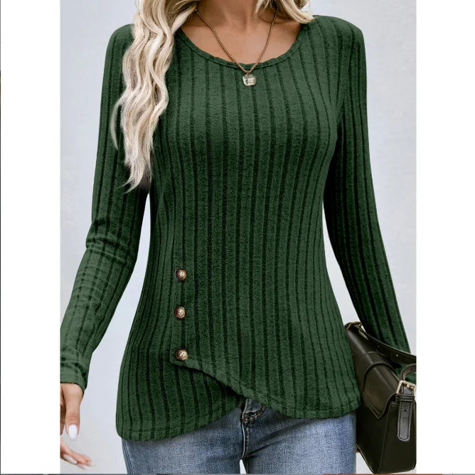 Women's Western Long Sleeve Top – Round Neck Fitted Waist-Cinched T-Shirt for Autumn Casual European & American Fashion