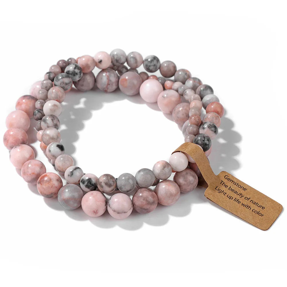 Set de 3 Pulseras de Cuentas de Piedra Natural – Agate Musgoso Indio, Rodonita y Cuarzo Cristal de 4mm/6mm/8mm para Hombres y Mujeres