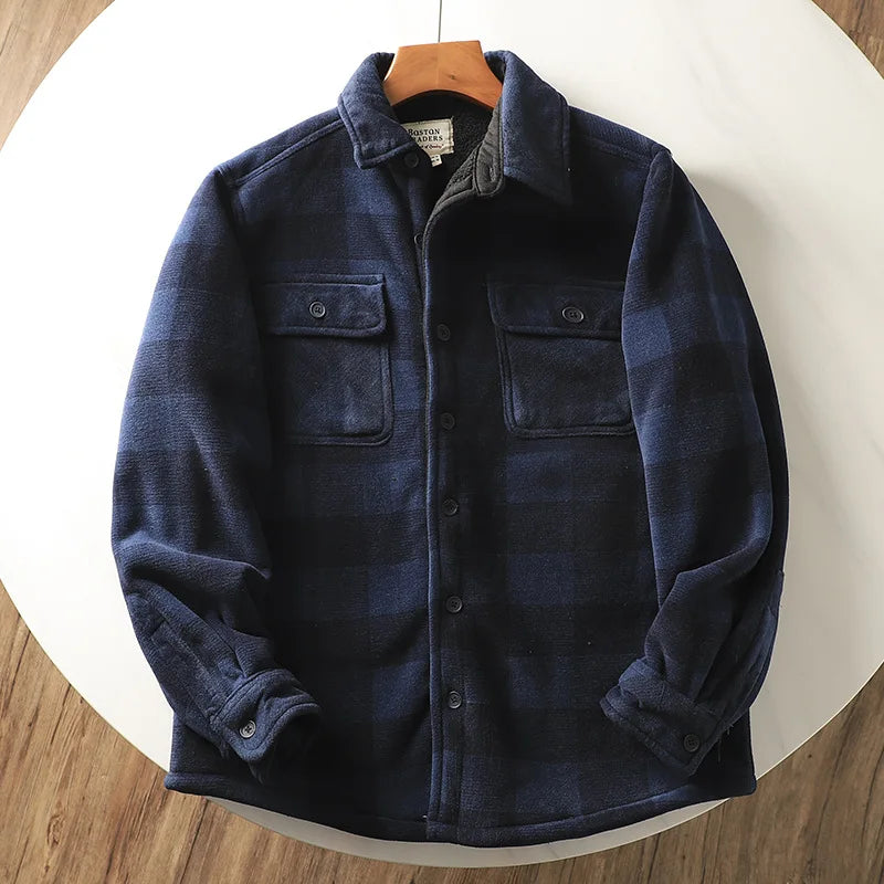 Men’s Fleece-Lined Flannel Shirt Jacket – Thick Warm Long-Sleeve Plaid Coat, Vintage Casual Outerwear for Autumn & Winter