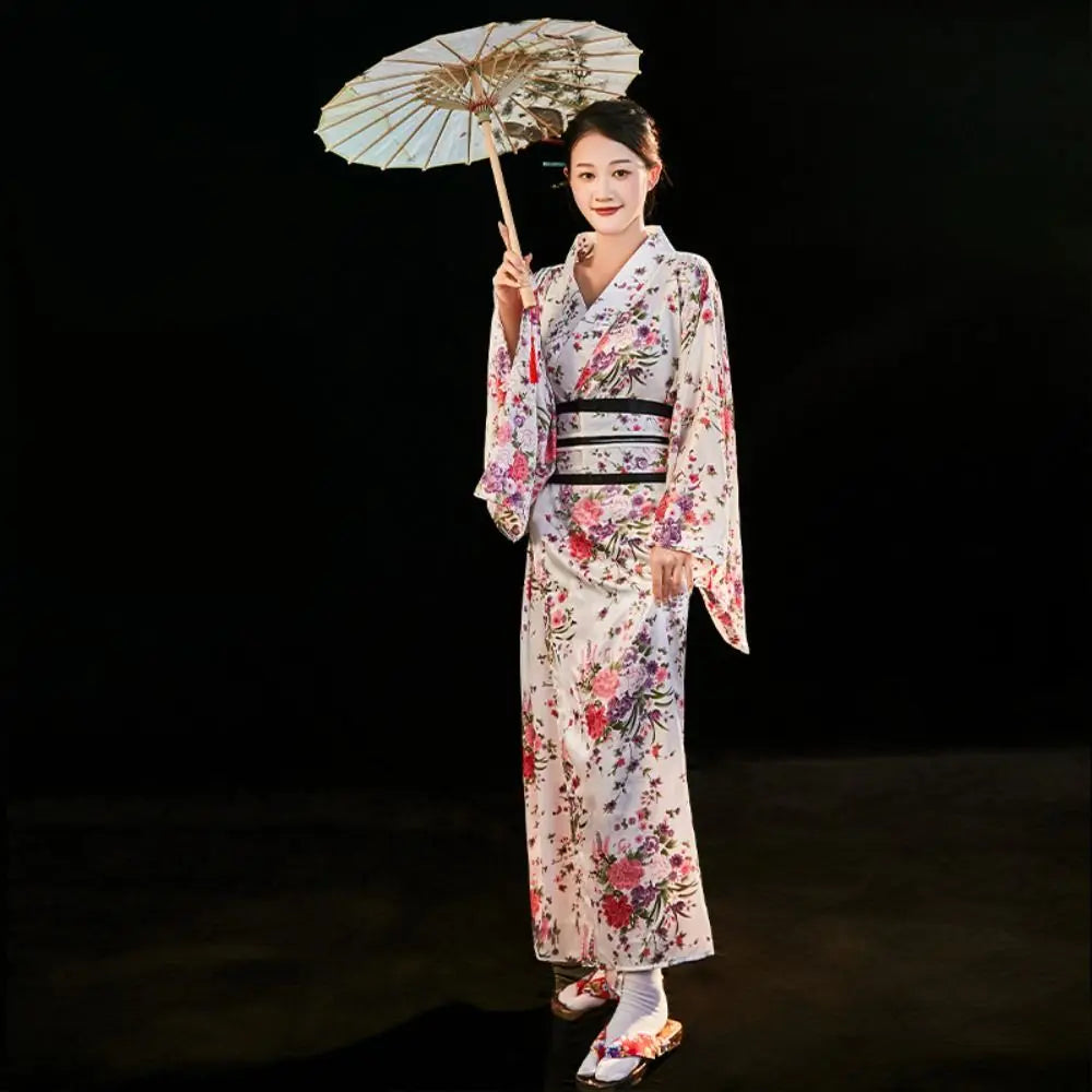 Japanese Kimono Cosplay Costume – Floral Sakura Printed Dress, Traditional Asian Style Kimono Outfit for Women Halloween & Party Wear