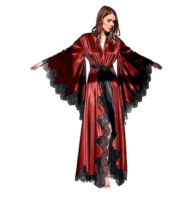 Women’s Black Silk Satin Kimono Robe – Lace Trim Wedding Bride Sleepwear Pajamas Photo Shoot Gown