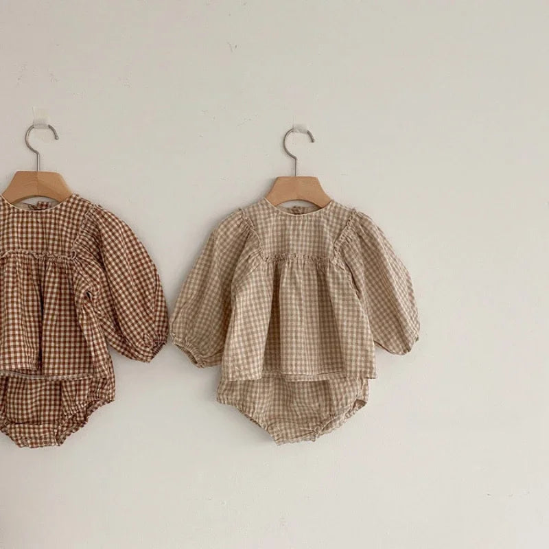 100% Cotton Baby Girl Plaid Blouse & Shorts Set Toddler 2-Piece Summer Outfit