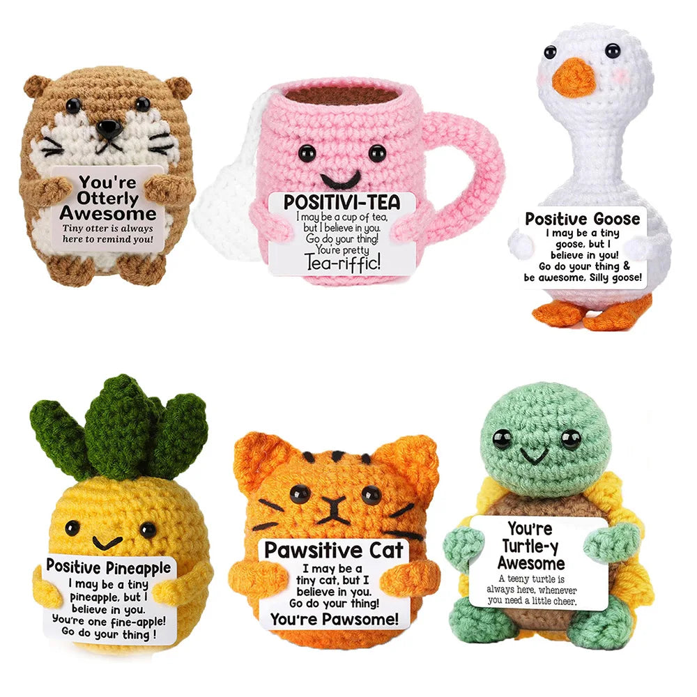 Cute Positive Crochet Cat Doll – Emotional Support Pineapple Desktop Ornament, Inspirational Gift for Women & Cat Lovers