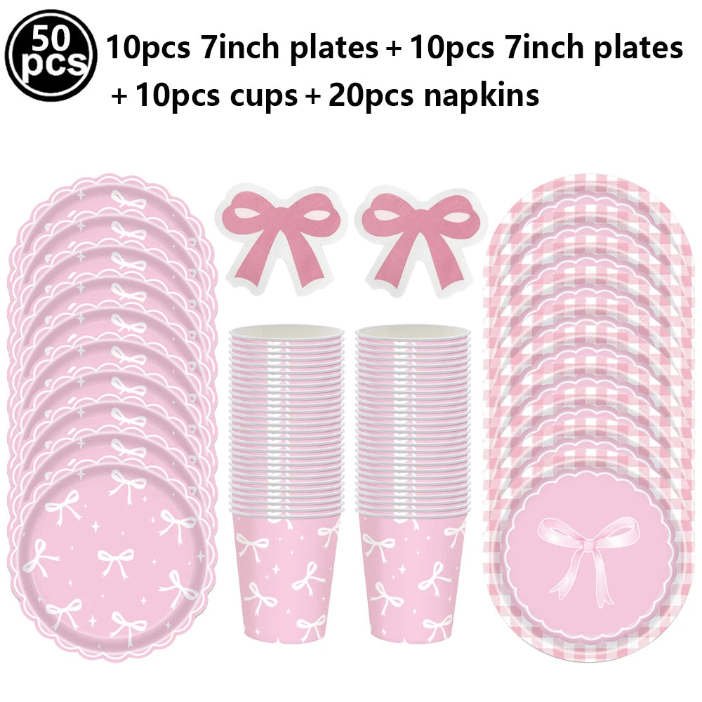 Kit de Fête d'Anniversaire Rose – Thème Princesse Bannière, Ballons Nœud, Pailles, Assiettes en Papier Jetables, Serviettes et Gobelets Vaisselle Décorations pour Fêtes d'Anniversaire de Filles