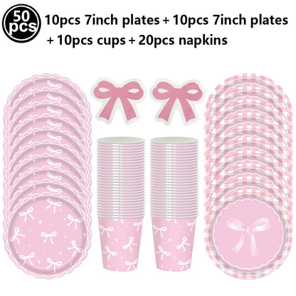 Kit de Fête d'Anniversaire Rose – Thème Princesse Bannière, Ballons Nœud, Pailles, Assiettes en Papier Jetables, Serviettes et Gobelets Vaisselle Décorations pour Fêtes d'Anniversaire de Filles