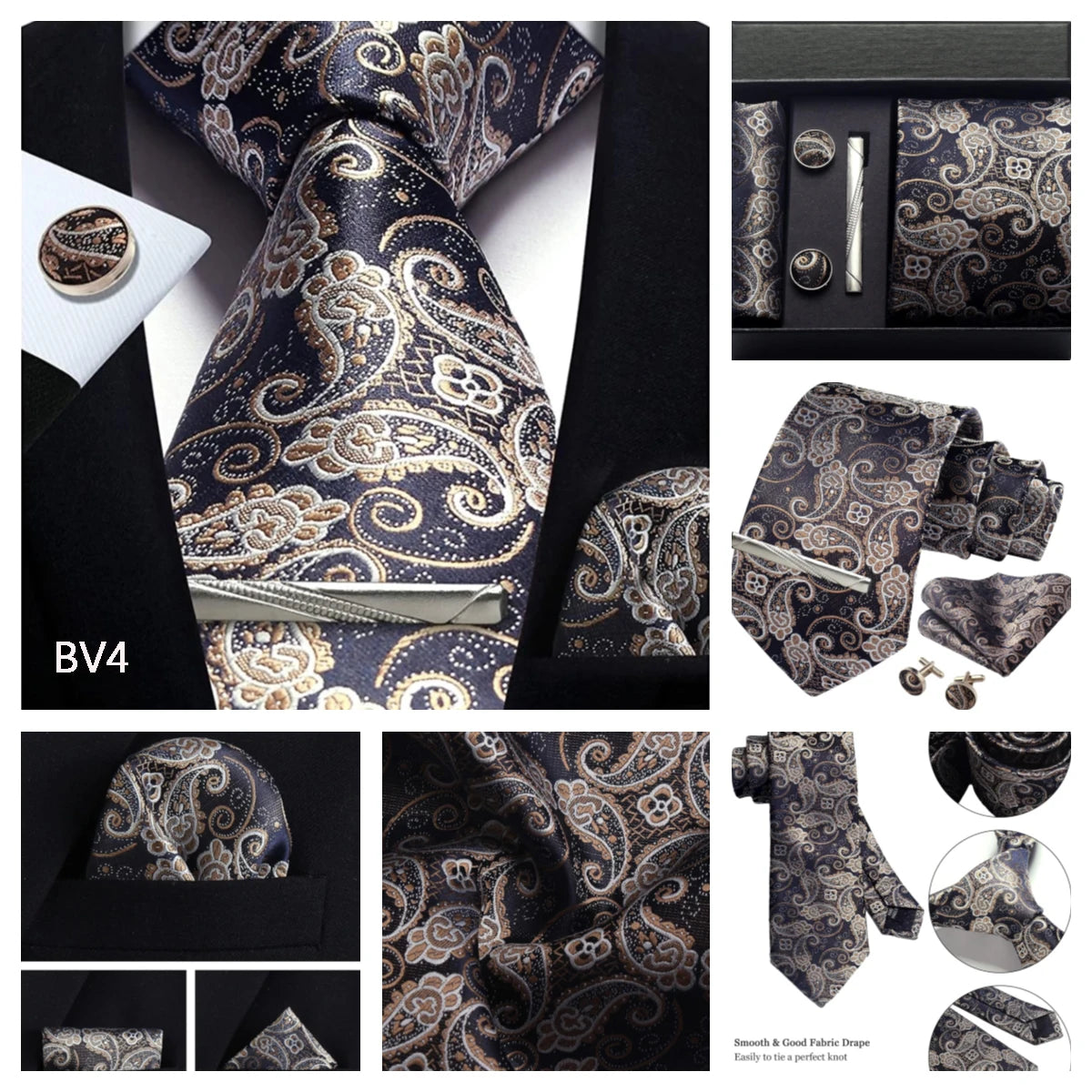 Corbata de seda 100% con diseño floral de Paisley para hombre con pañuelo de bolsillo, pasador de corbata y gemelos en caja de regalo