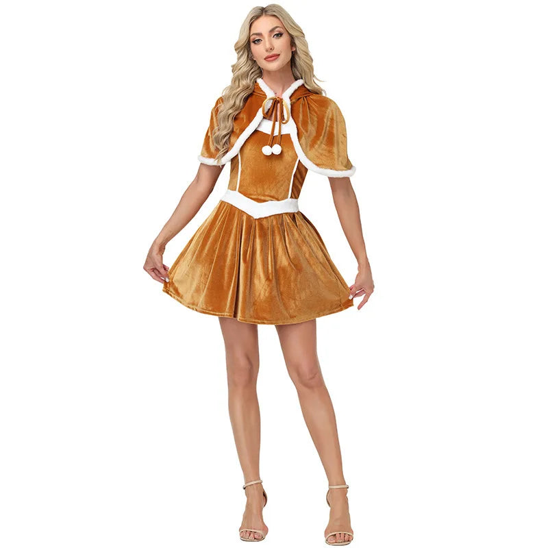 Women's Christmas Reindeer Costume Hooded Cape, Cute Santa Girl Deer Elk Cosplay Outfit for Christmas, New Year Parties, Stage Performances and Holiday Dress-Up Events