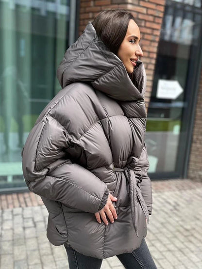Women's 2026 Hooded Puffer Coat Batwing Sleeve Quilted Winter Jacket with Tie Waist, Warm Loose Fit Casual Streetwear Outerwear