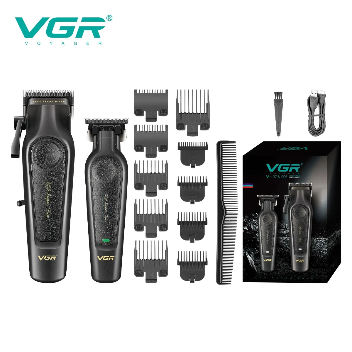 VGR V-197 & V-995 2-Piece Hair Clipper Set – Metal & Leather Body Electric Hair Trimmers with LED Digital Display, Grooming & Carving Tools