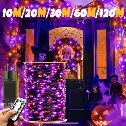 10–120M Halloween Purple & Orange Fairy String Lights – 8-Mode Black Wire LED Lights for Outdoor Christmas, Street, Garden & Party Decor