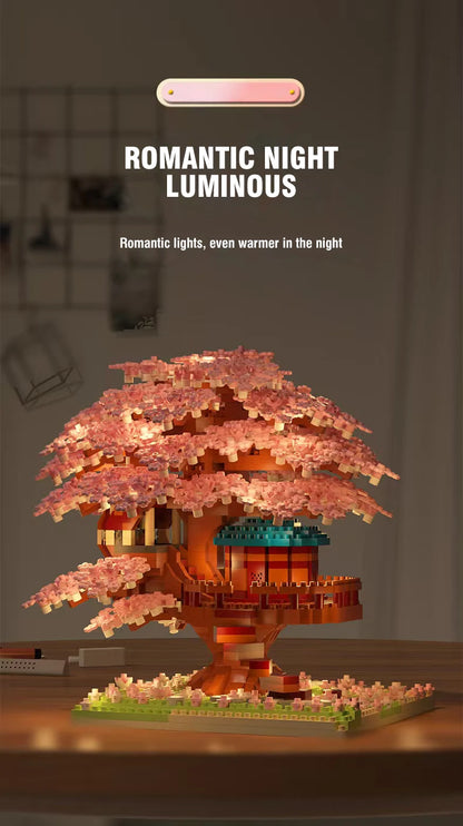 DIY Sakura Tree Building Blocks Set – Cherry Blossom Treehouse Model with LED Lights Romantic Gift Decor