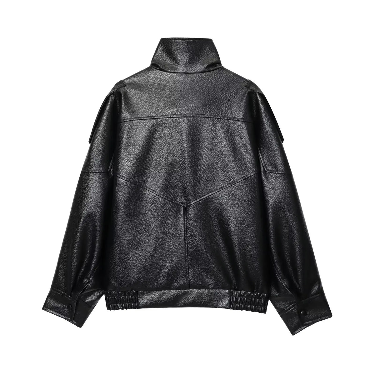 TFMLN Women’s Black Faux Leather Jacket – Oversized Long-Sleeve Button-Up Coat, Elastic-Fit Fashion Outerwear for Autumn & Winter Streetwear