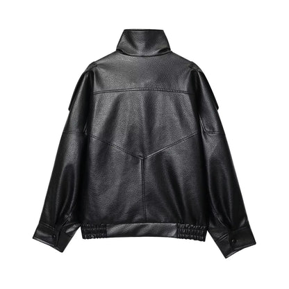 TFMLN Women’s Black Faux Leather Jacket – Oversized Long-Sleeve Button-Up Coat, Elastic-Fit Fashion Outerwear for Autumn & Winter Streetwear