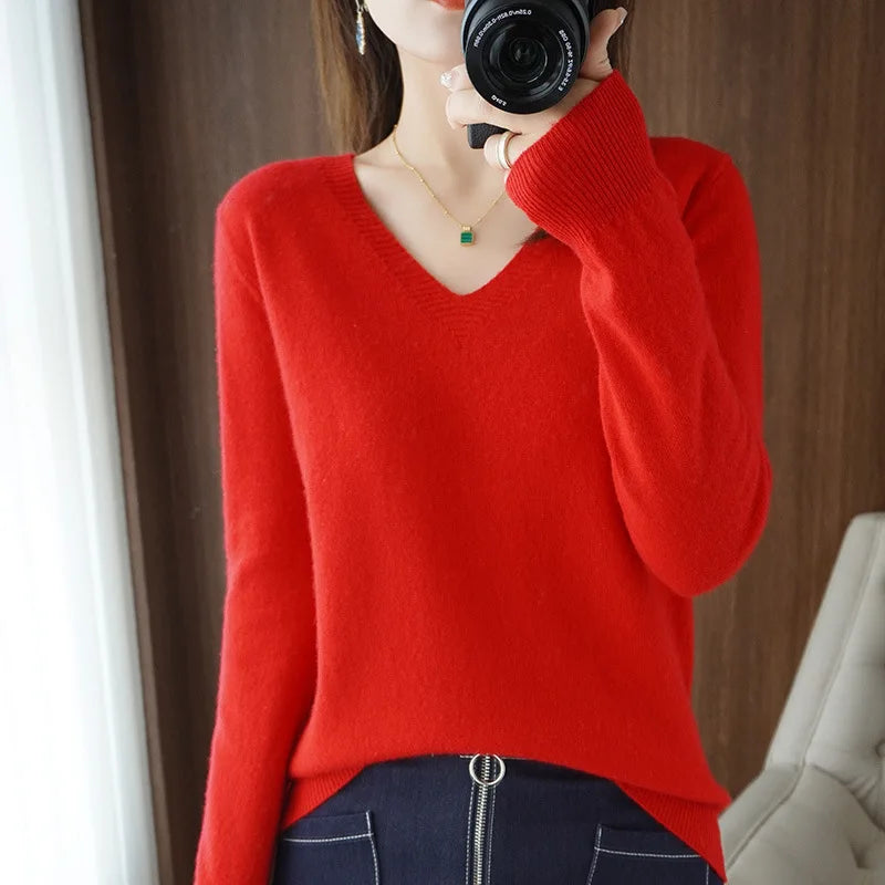 Women's Cashmere-Style V-Neck Sweater – Long-Sleeve Knitted Pullover with Lace Neck & Hollow-Out Detail, Casual Autumn & Winter Top