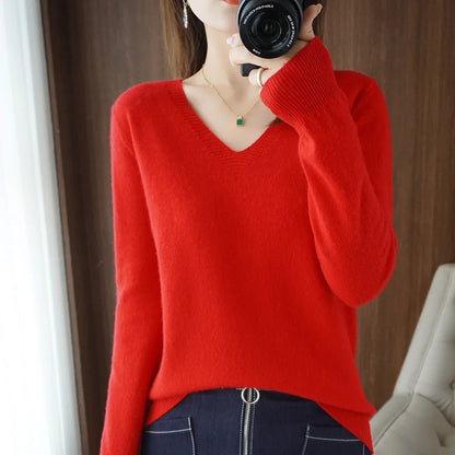 Women's Cashmere-Style V-Neck Sweater – Long-Sleeve Knitted Pullover with Lace Neck & Hollow-Out Detail, Casual Autumn & Winter Top
