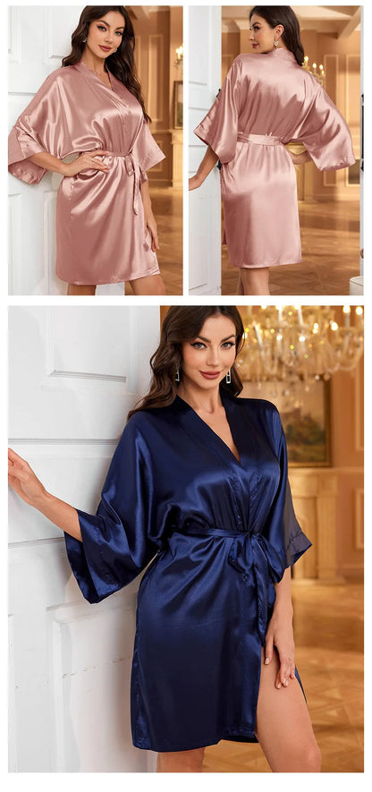 Women’s Summer Ice Silk Robe – Sexy Lace-Up Bathrobe Morning Gown Home Dress Loungewear