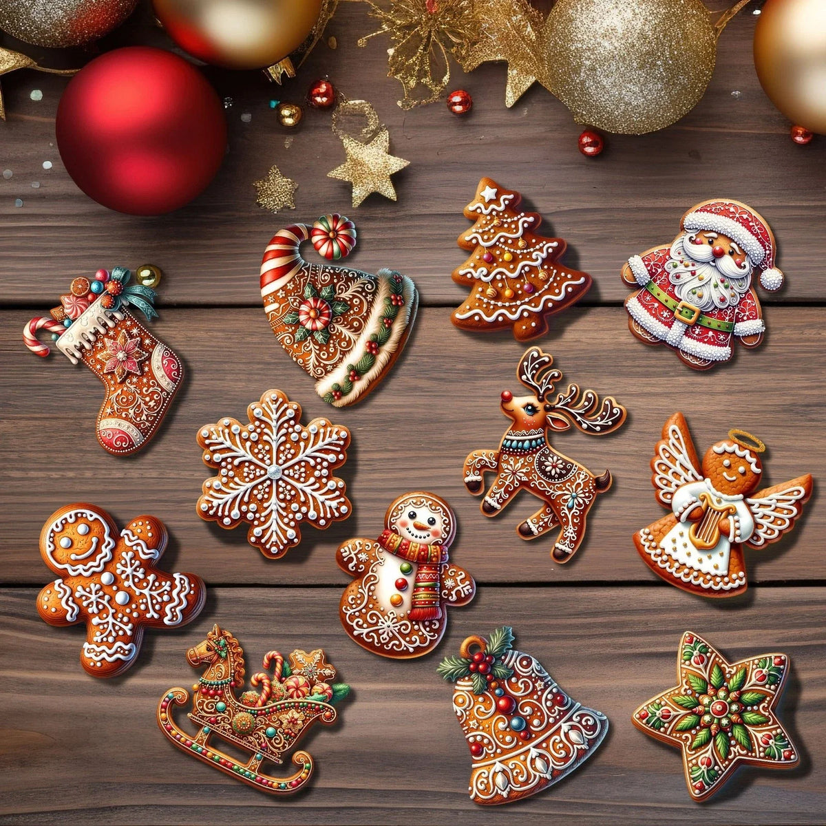 12PCS Wooden Christmas Tree Ornaments – Gingerbread, Santa Claus & Snowman Hanging Decorations for Xmas, New Year & Holiday Home Decor
