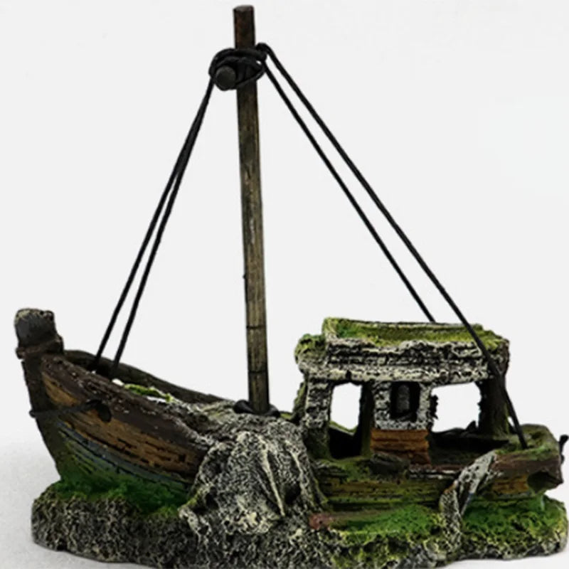 Retro Resin Ship Aquarium Ornament – Hollow Boat Fish Hiding Cave, Non-Toxic Fish Tank Decoration for Aquascaping & Underwater Landscaping