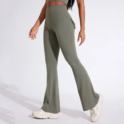 DIAS FIT JOY Pantalon de yoga évasé taille haute pour femme – Legging patte d'éléphant push-up avec poches, pantalon d'entraînement à séchage rapide pour la course, la gym, le fitness et l'exercice
