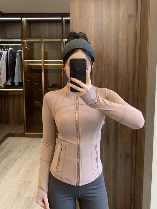 Chaqueta de yoga de mujer ajustada con cremallera – Top deportivo de cuello alto de secado rápido para gimnasio, running y fitness