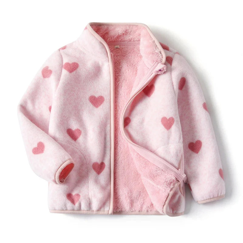 Girls Heart Print Fleece Jacket 2-8T, Cute Thick Winter Coat with Zipper, Warm Baby and Toddler Outerwear for Cold Weather