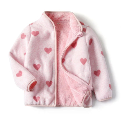 Girls Heart Print Fleece Jacket 2-8T, Cute Thick Winter Coat with Zipper, Warm Baby and Toddler Outerwear for Cold Weather