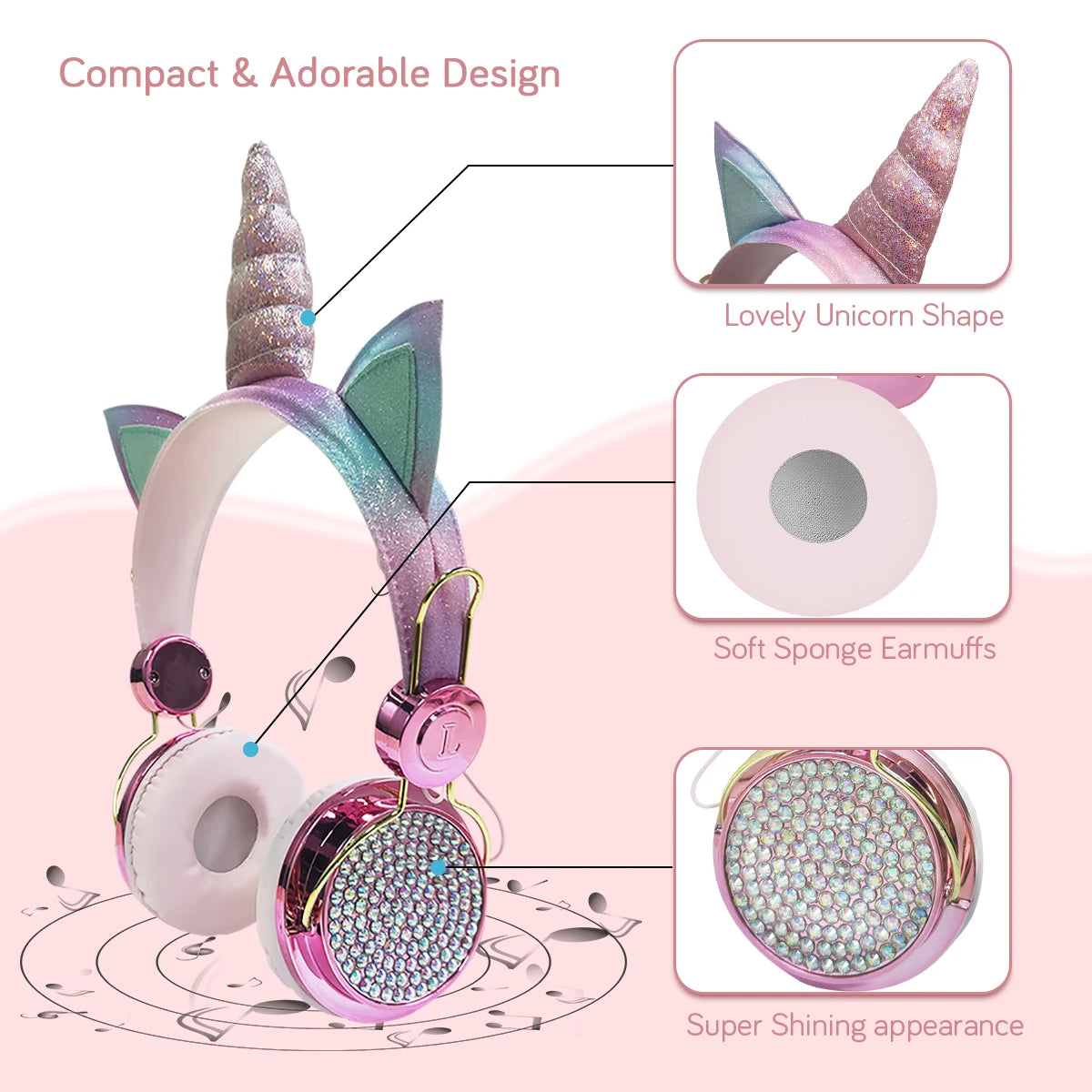 Pink Unicorn Kids Headphones – Cute Diamond Wired Headset with Microphone for Girls & Children, Music Headphones, Birthday & Gift for Kids