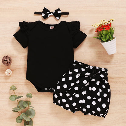 Baby Girl 3PCS Summer Outfit Set – Short Sleeve Bodysuit, Polka Dot Shorts & Headband for Infants
