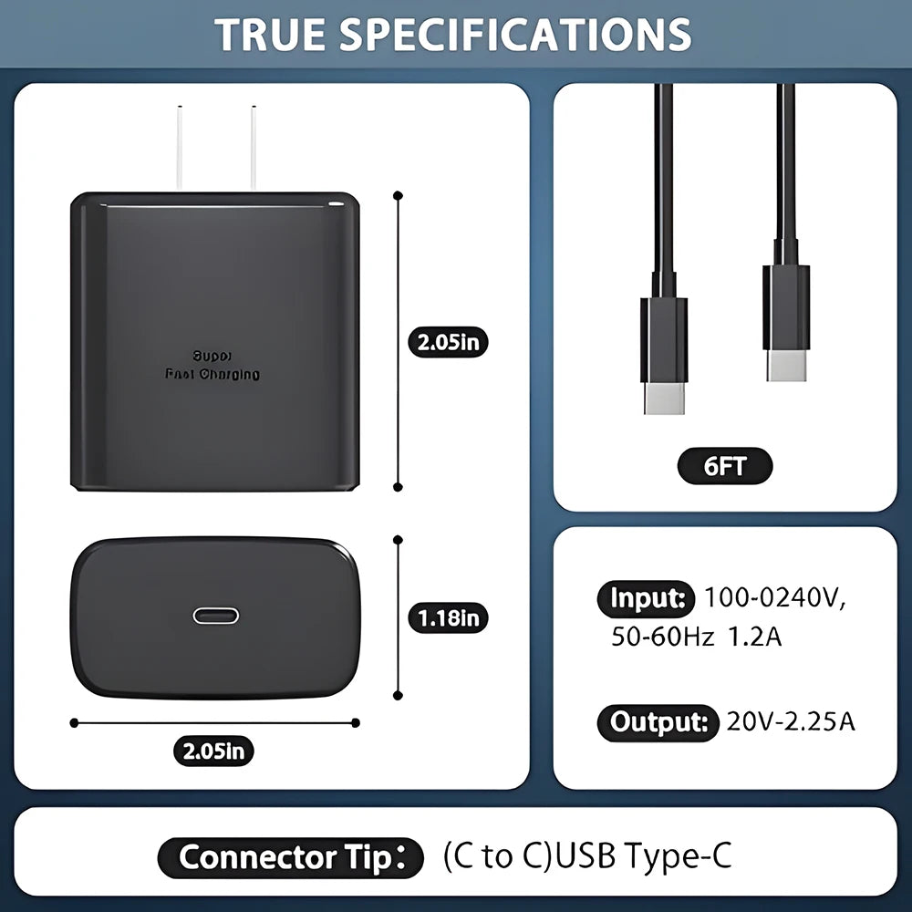 45W Super Fast Charger with USB-C Cable – Portable Fast Charging Adapter & Data Cable for Samsung Galaxy S25 Ultra, S24, S23, S22, S21 & Note 20