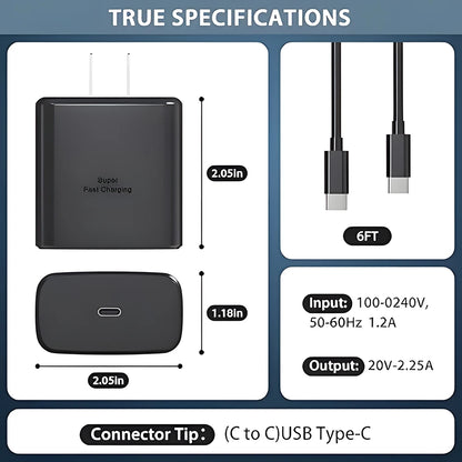 45W Super Fast Charger with USB-C Cable – Portable Fast Charging Adapter & Data Cable for Samsung Galaxy S25 Ultra, S24, S23, S22, S21 & Note 20