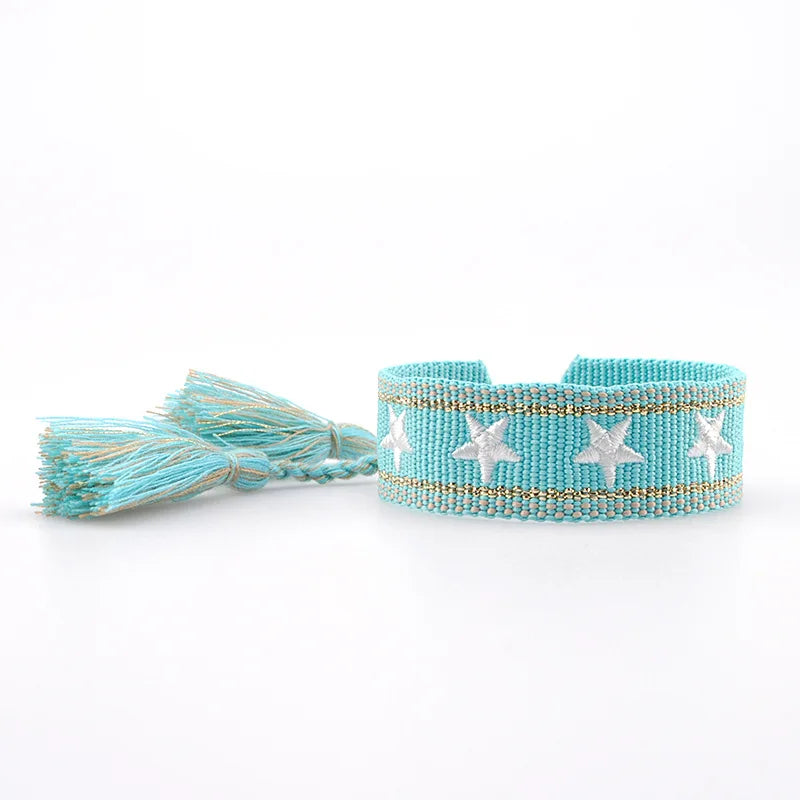 Pulsera de estrella bordada bohemia – Correa de muñeca tejida a mano con borlas para mujer | Regalo de joyería de moda étnica