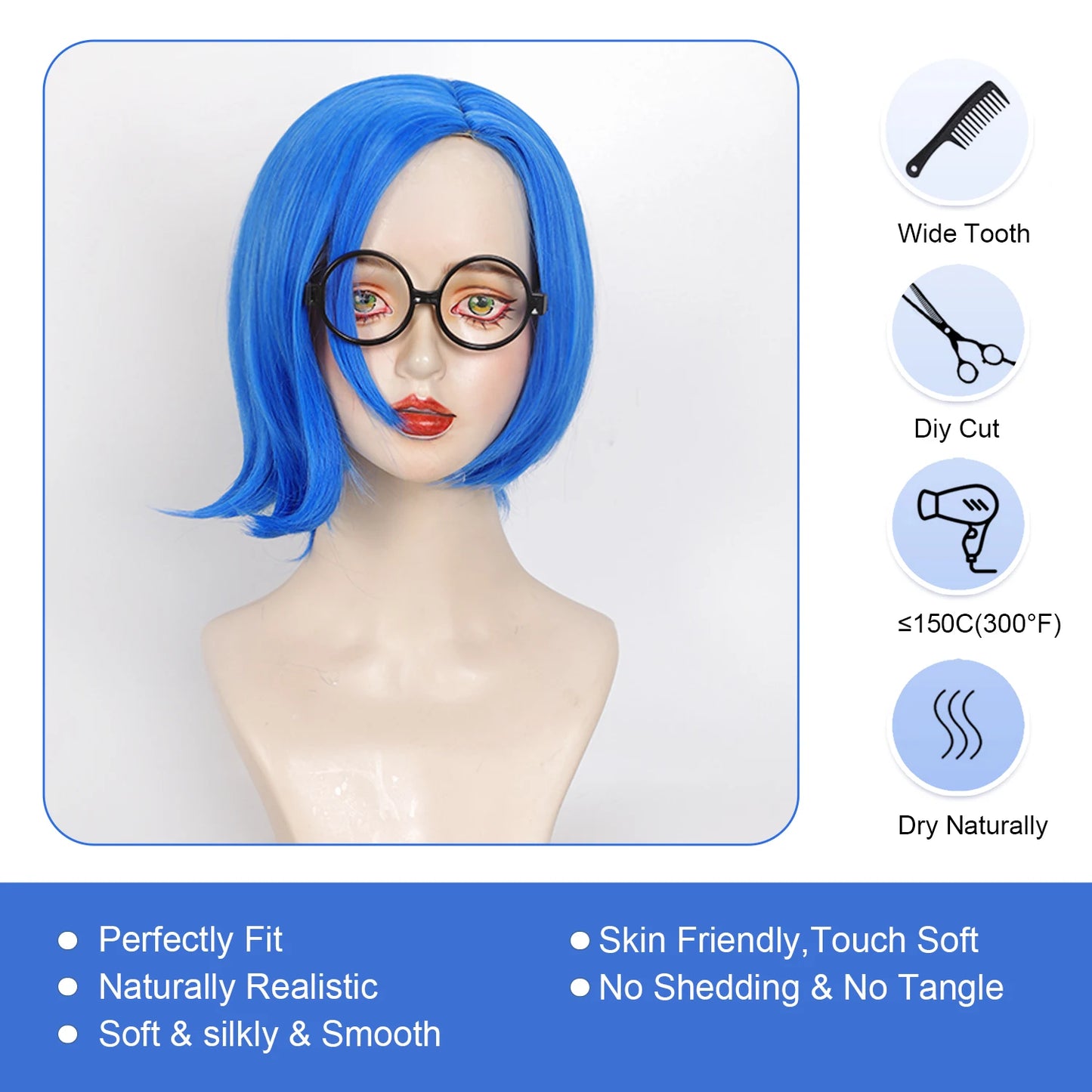 Inside Out Sadness Anime Cosplay Wig – Short Blue Bob Synthetic Wig with Wig Cap (Game & Role-Play Costume Hairpiece)