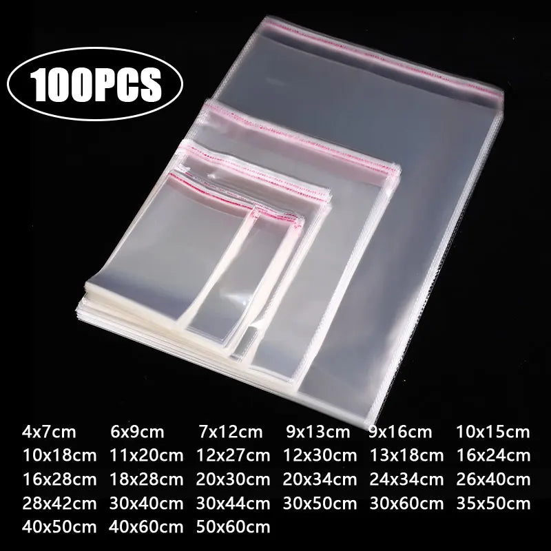 100 sacs auto-adhésifs transparents en OPP – Sachets d'emballage en plastique refermables pour vêtements, bijoux, biscuits, bonbons et emballage cadeau