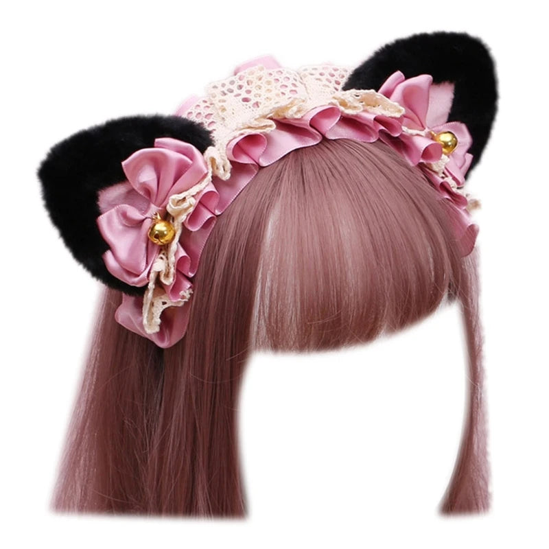 Cute Anime Lolita Cat Ear Headband, Plush Animal Ears with Ruffled Lace, Ribbon Bow and Bell, Kawaii Cosplay Hair Hoop for Masquerade, Costume Parties, and Daily Wear