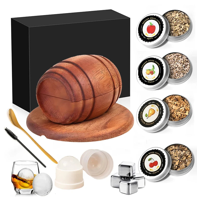 Cocktail Smoker Kit with Apple, Cherry, Oak & Pecan Wood Chips – Whiskey Drink Smoker with Wooden Smoking Hood for Bar & Kitchen