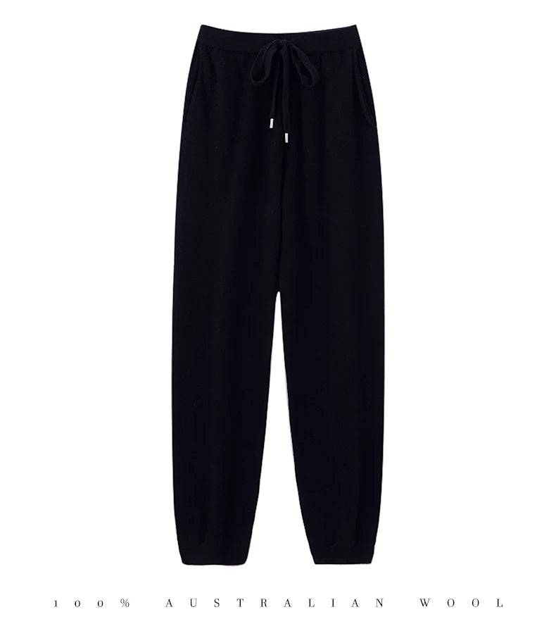 Pantalones de cachemir 100 % pura lana para mujer, de punto, sueltos, de cintura alta, con puños, para otoño e invierno, de corte recto y ajustado